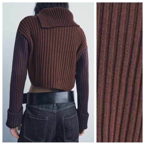 NWT. Zara Two-Toned Brown Rib Knit Cropped Sweater. Size M. - Picture 5 of 11